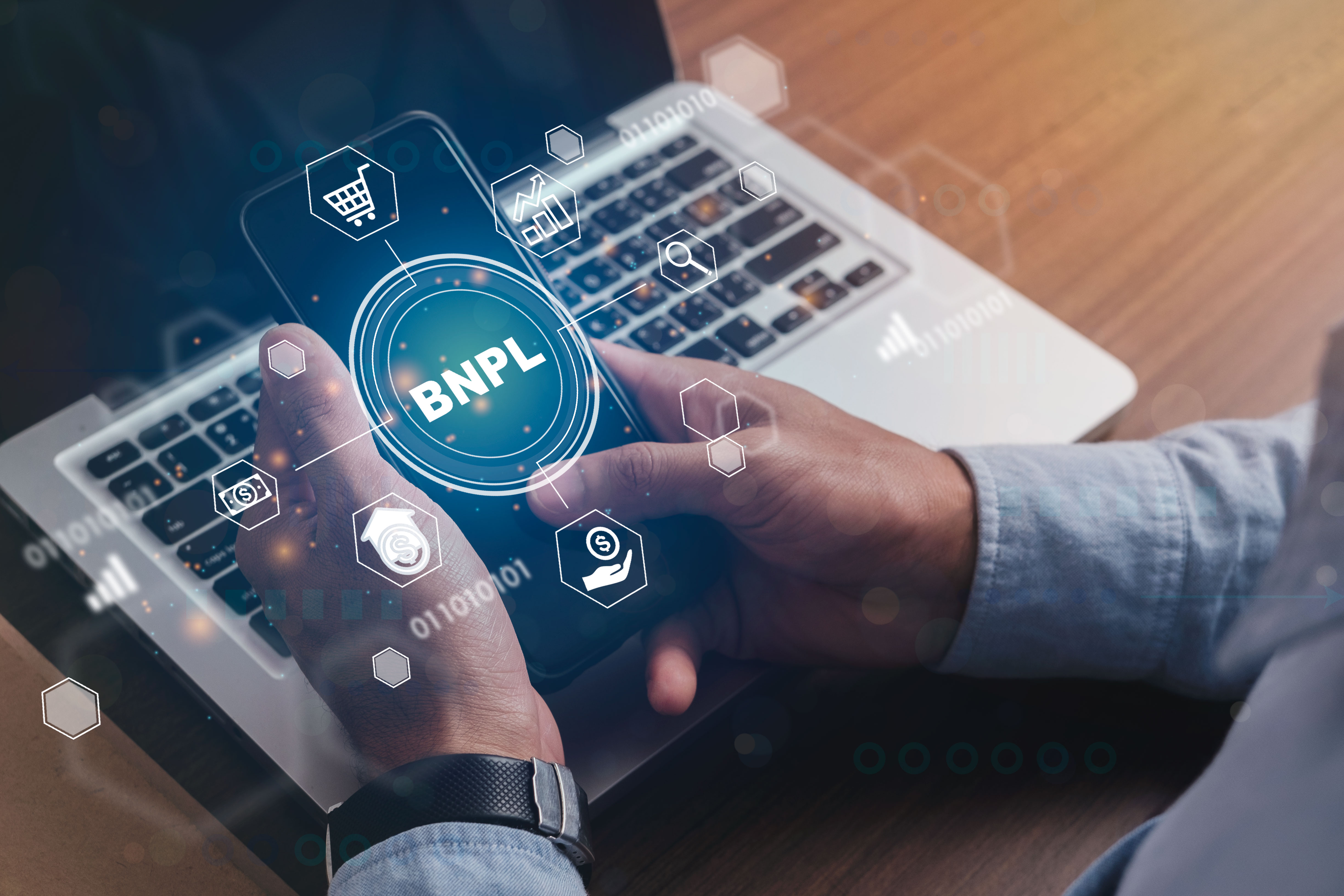 Businessmen using smartphones with BNPL and online shopping icons