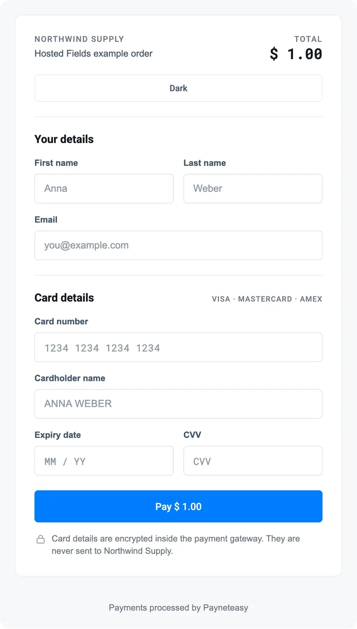 Hosted Fields checkout in light theme