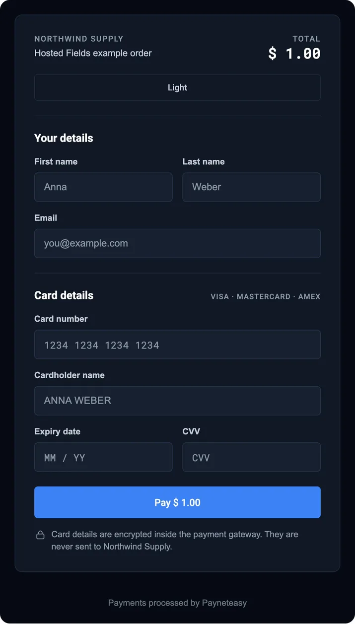 Hosted Fields checkout in dark theme