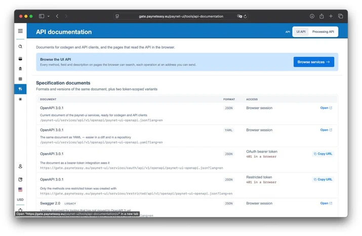 Payneteasy back office: Tools and API documentation with the UI and Processing API switch and the OpenAPI specification documents