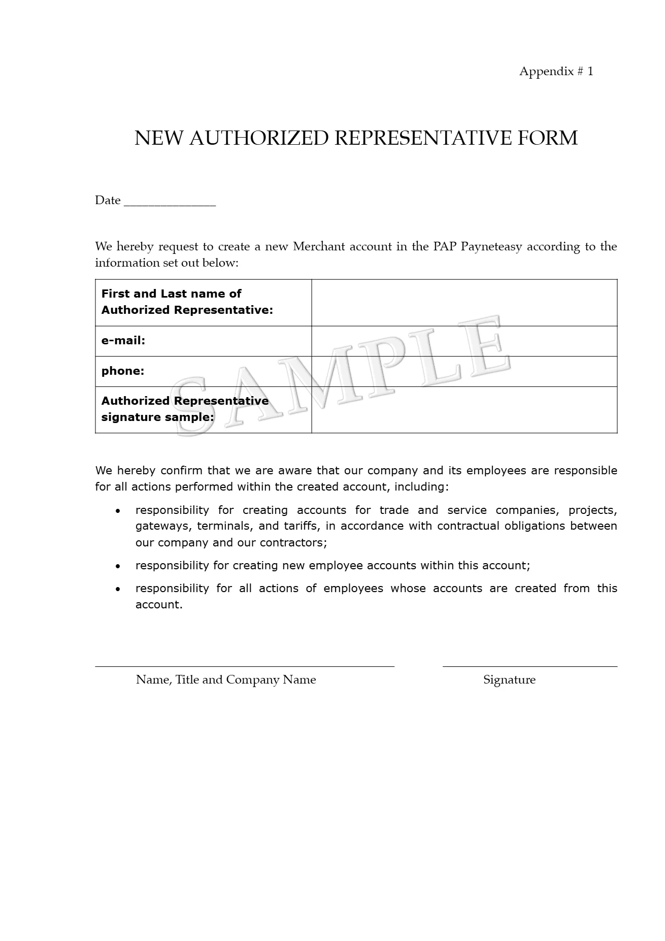 Sample of the New Authorized Representative Form