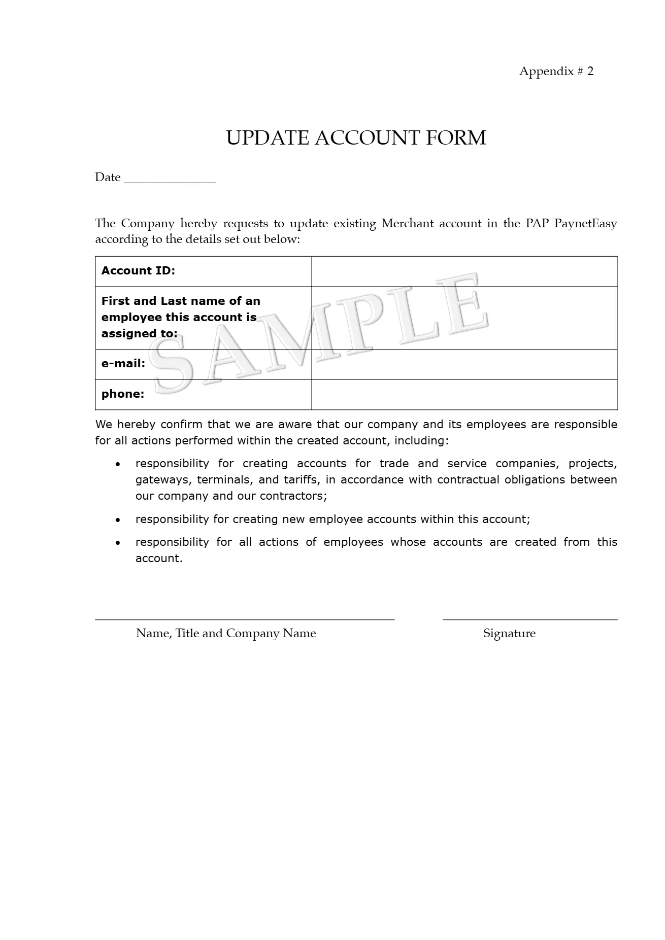 Sample of the Update Account Form