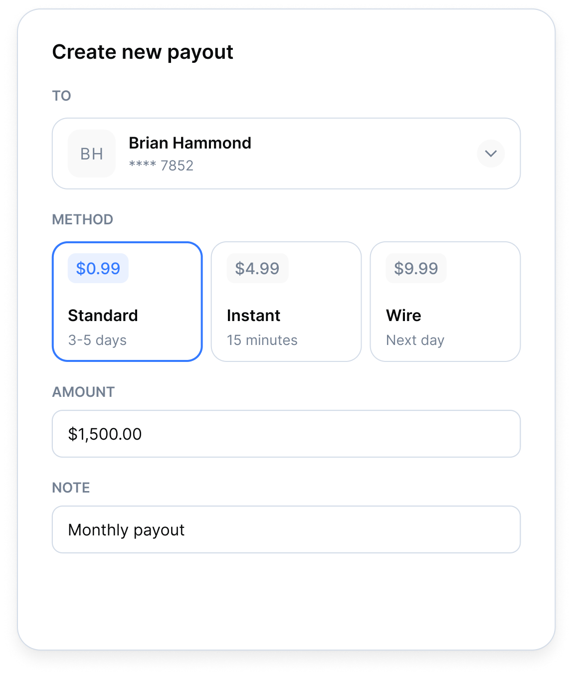 Payneteasy payout form interface showing recipient, method selection, and amount fields