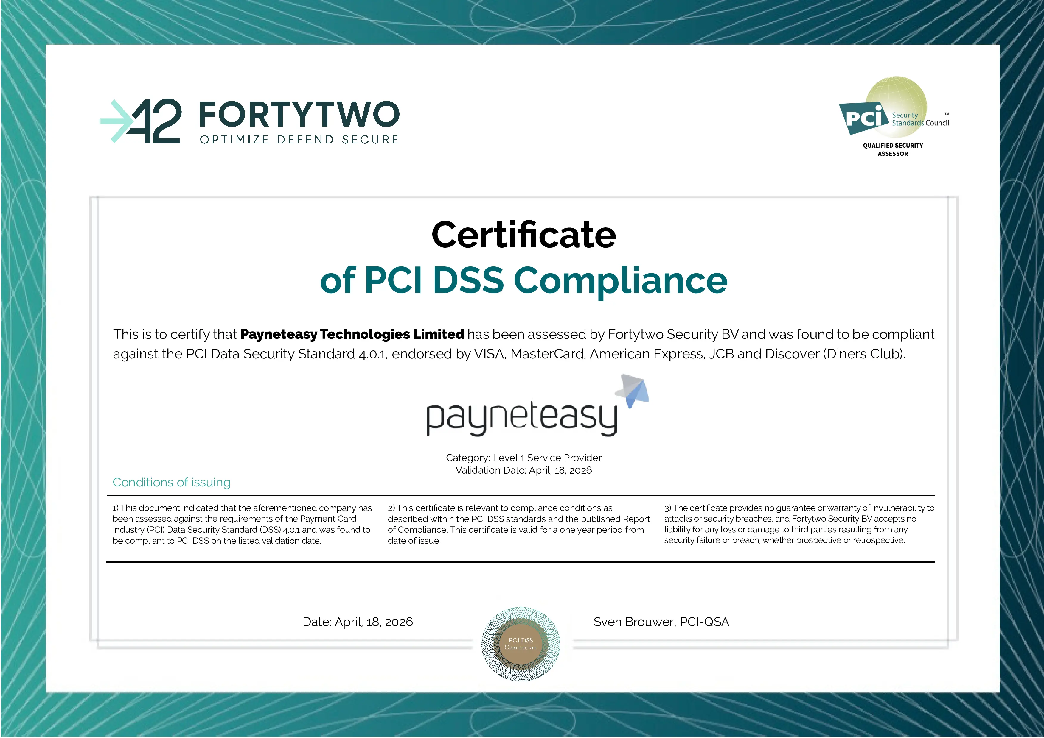 Certificate of PCI DSS Compliance