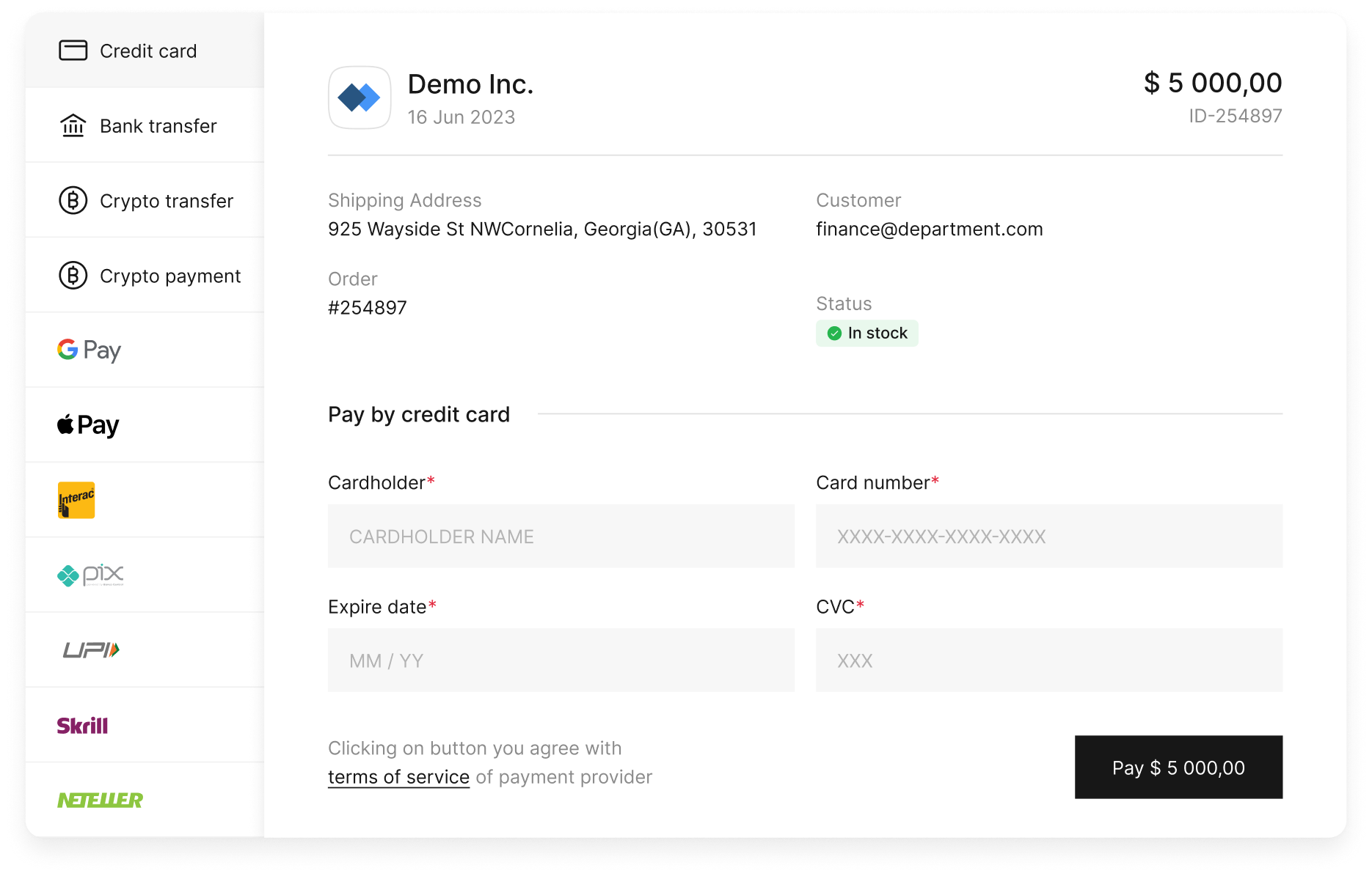 Smart Checkout payment form mockup with credit card, bank transfer and crypto options